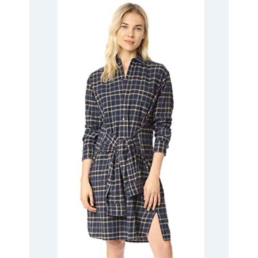 VINCE Multi Plaid Flannel Wool Blend Long Sleeve Dress Womens Size XS Tie Front